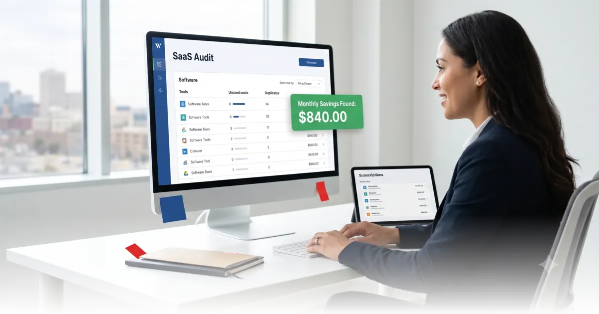 Business owner auditing software subscriptions and recurring SaaS costs