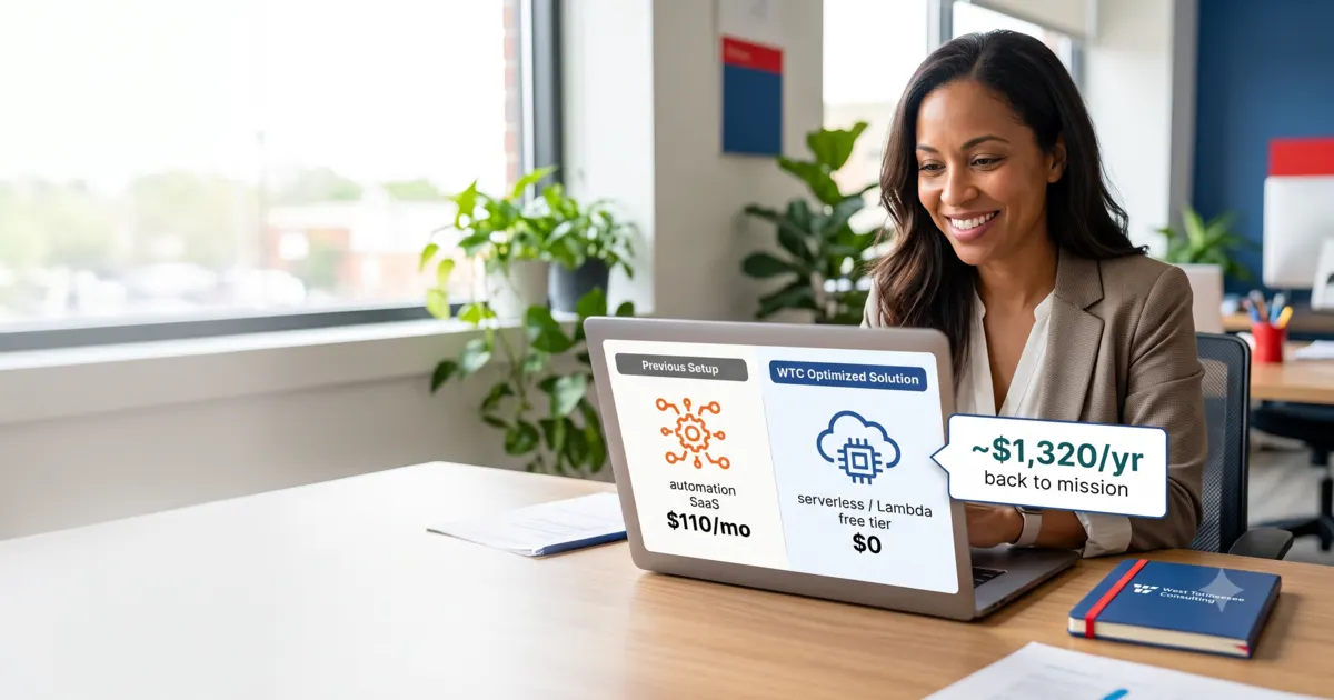 Nonprofit team replacing costly automation with AWS Lambda on a laptop